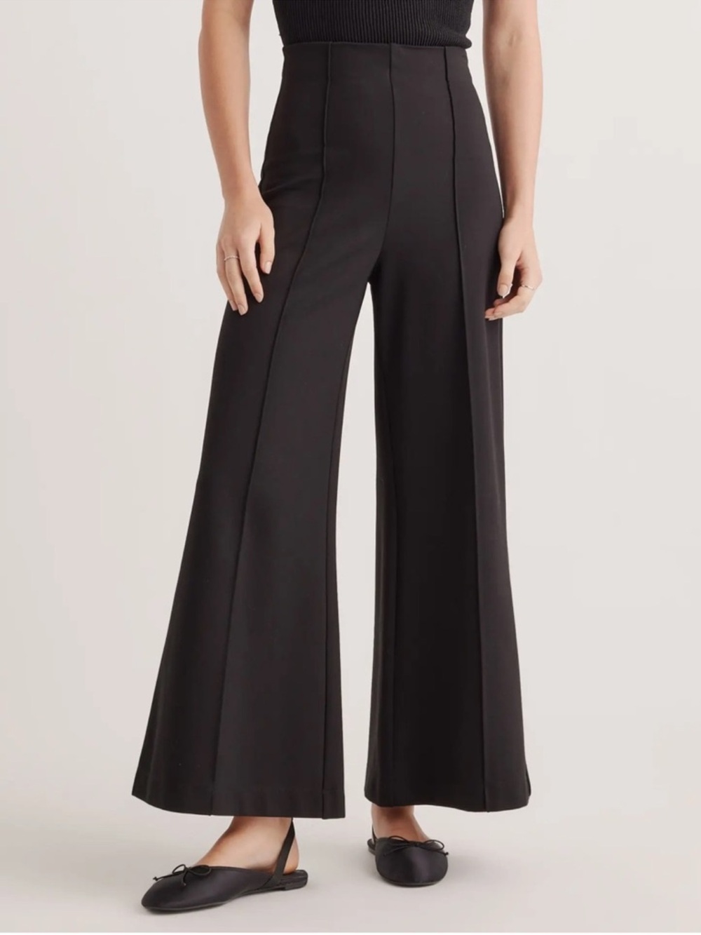 Quince Black Ultra-Stretch Ponte Super Wide Leg Seamed Ankle Pants Size S